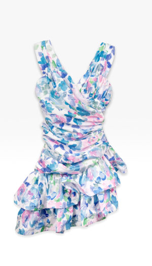 Blomstrete blå kjole med rysjer