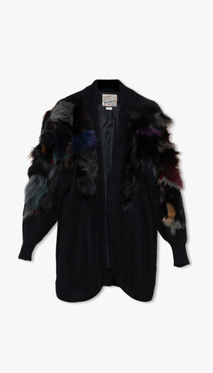 Svart ullcardigan med flerfarget pels