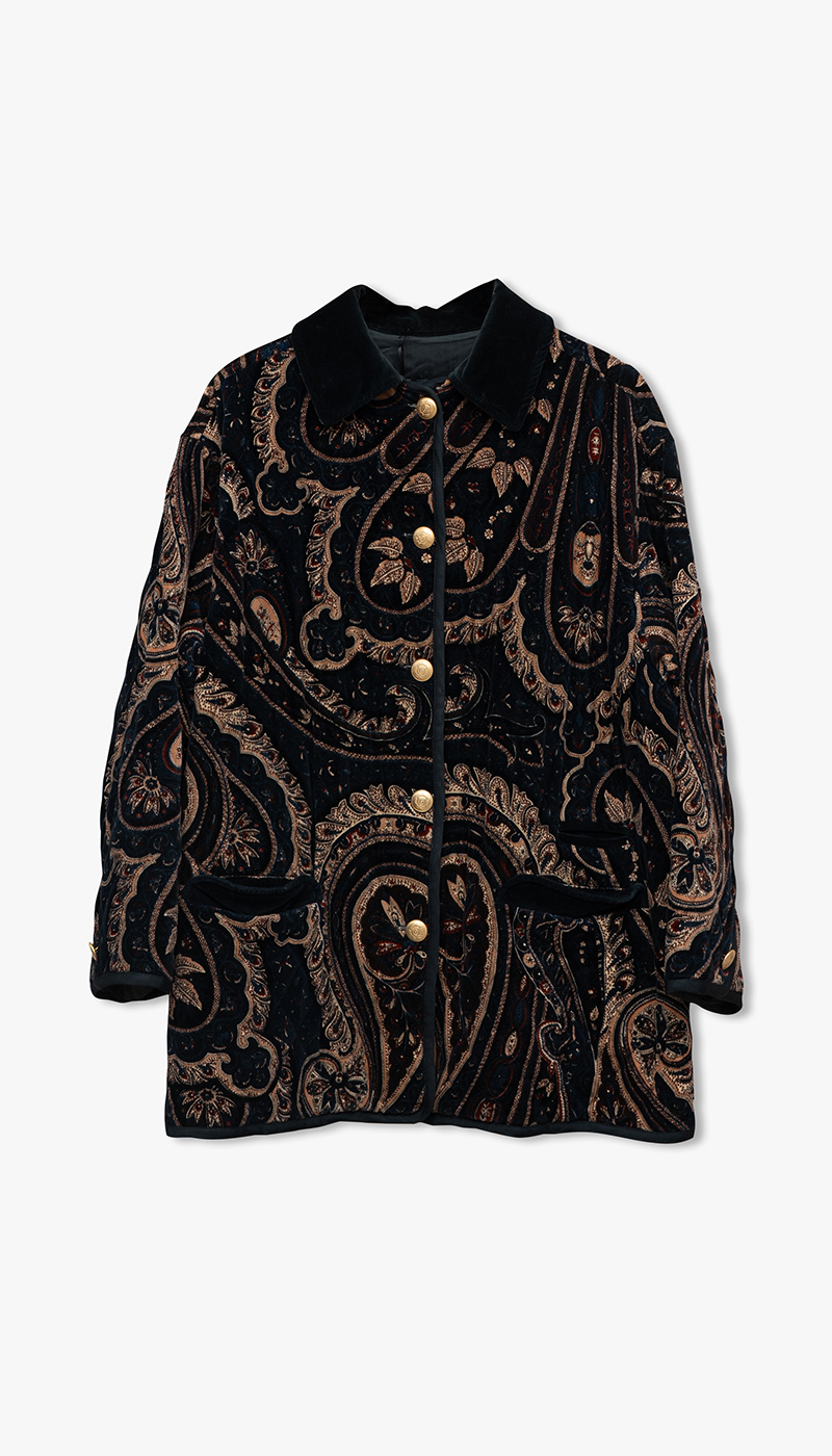 Mørkeblå fløyelsjakke med paisley mønster
