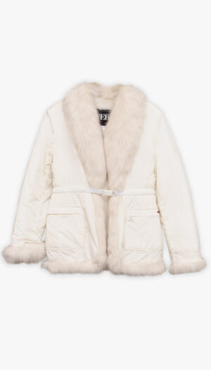 Gianfranco Ferré hvit jakke med faux fur og belte i livet