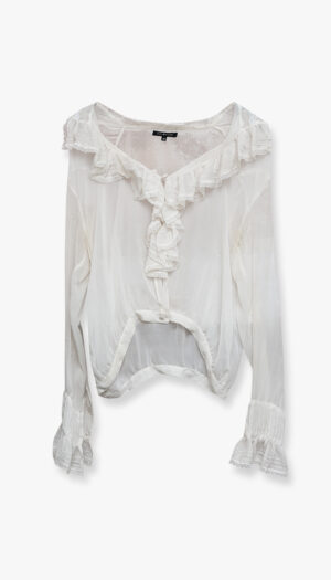 Vintage silketopp fra Tara Jamon – romantisk med volangdetaljer