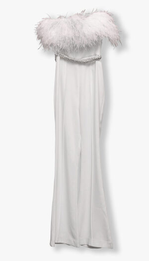 Self-Portrait Feather-Trim Strapless Jumpsuit – Crystal Detail