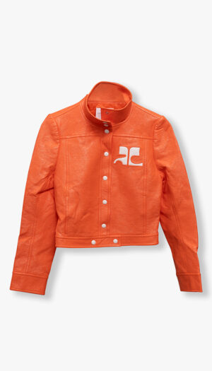Courrèges Orange Leather Jacket – Cropped Logo Snap Jacket