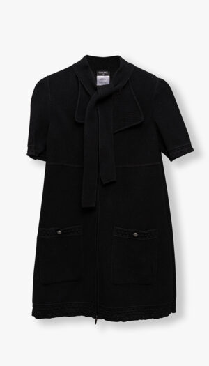 CHANEL Black Textured Knit Dress – Bow Tie Detail Mini