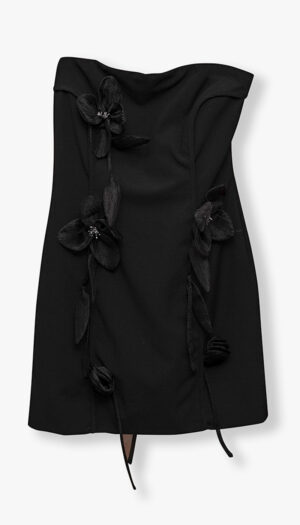 Rotate Black Strapless Floral Mini Dress – Sculptural Appliqué Detail